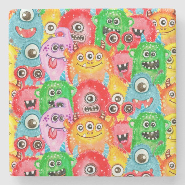 Funny Monsters, Watercolor Seamless Pattern. Stone Coaster (Front)