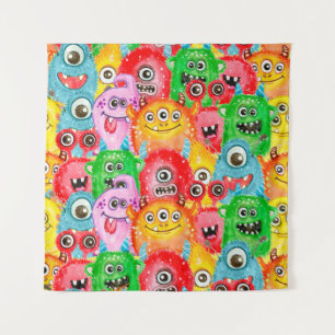 Funny Monsters, Watercolor Seamless Pattern. Tapestry