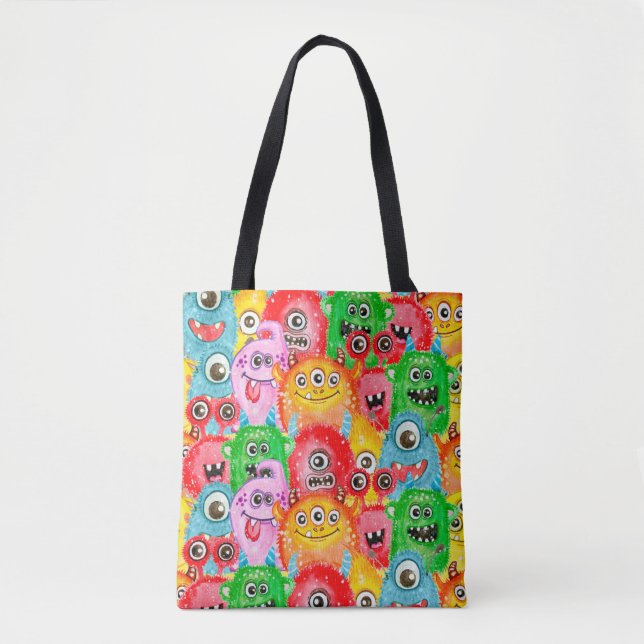 Funny Monsters, Watercolor Seamless Pattern. Tote Bag (Front)