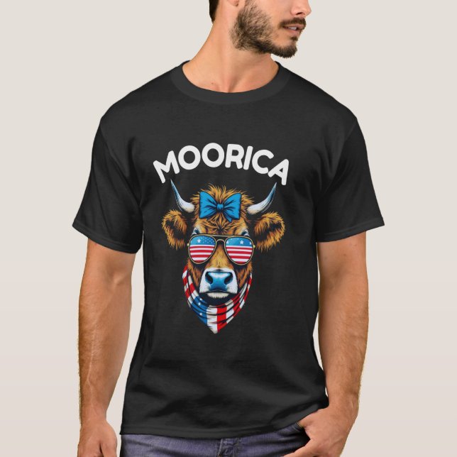 Funny Moorica 4th of July Funny Highland Cow Ameri T-Shirt (Front)