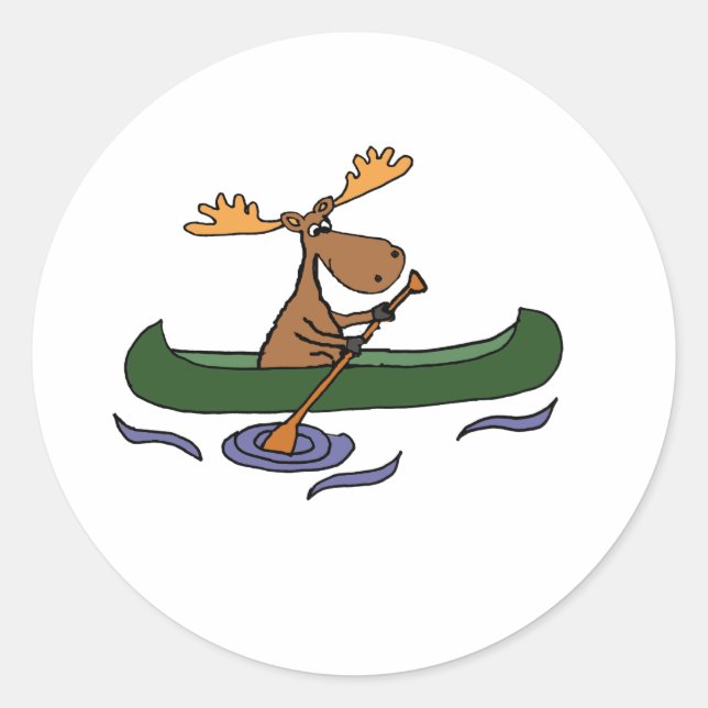 Funny Moose Canoeing Design Classic Round Sticker (Front)