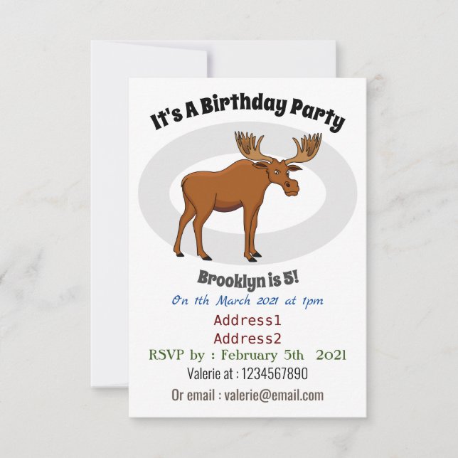 Funny moose cartoon illustration invitation (Front)