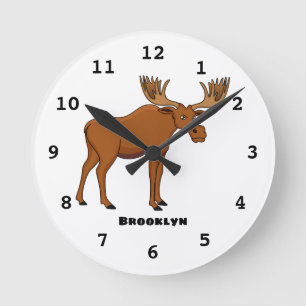 Funny moose cartoon illustration round clock