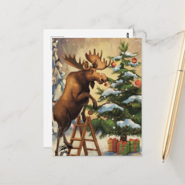 Funny Moose Decorating the Christmas Tree Postcard (Front/Back In Situ)