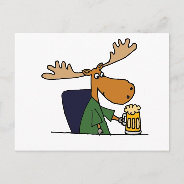 Funny Moose Drinking Beer Cartoon Postcard (Front)