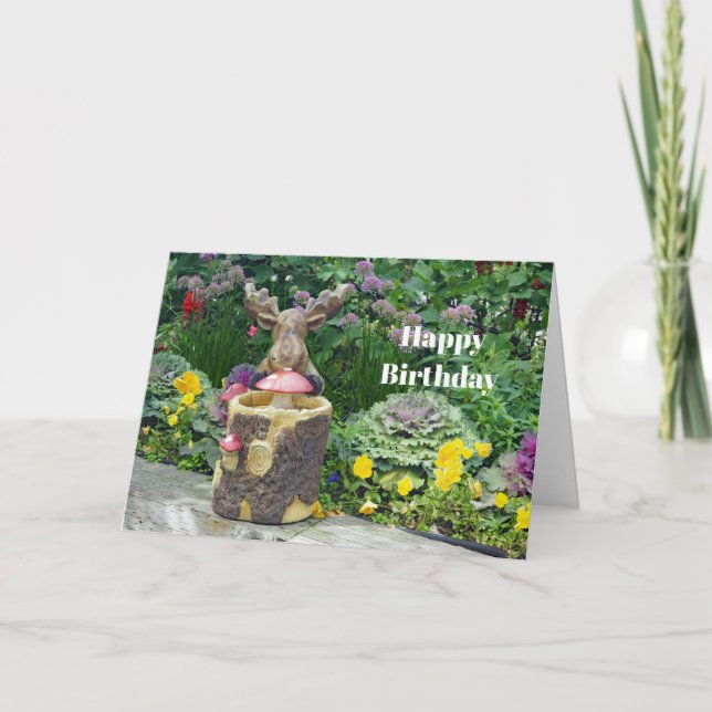 Funny Moose Floral Garden Photo Birthday Card (Front)