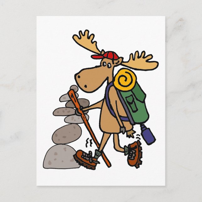 Funny Moose Hiking with Cairn Cartoon Postcard (Front)