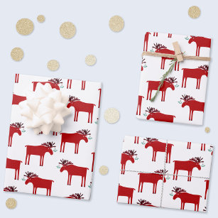 Funny Moose Holiday Red and White Wrapping Paper Sheet