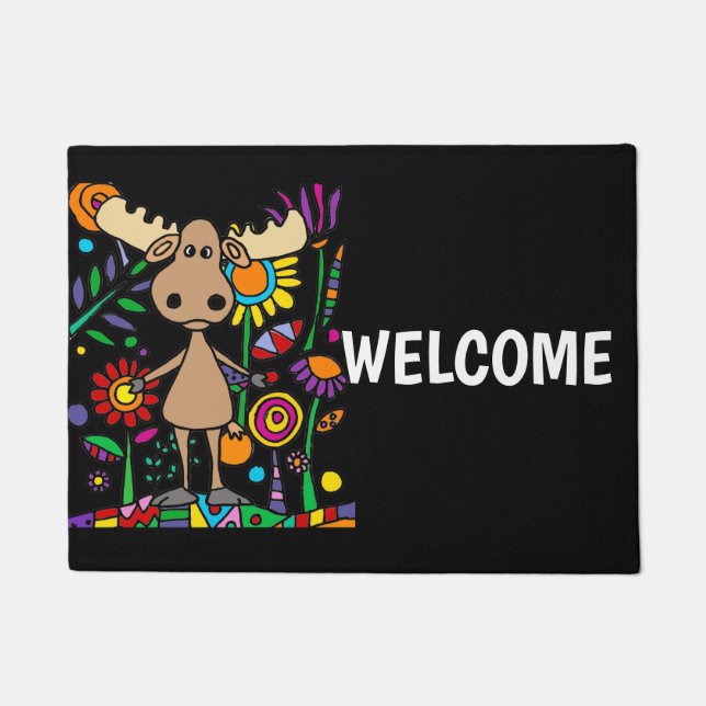 Funny Moose in Flower Garden Art Abstract Doormat (Front)