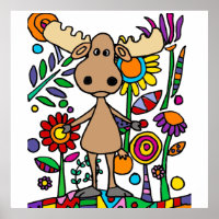 Funny Moose in Flower Garden Art Abstract