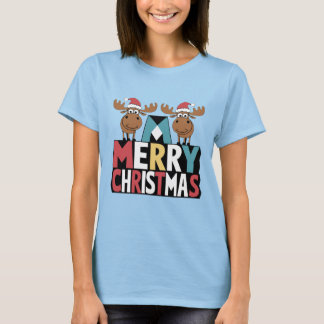 Funny Moose in Santa Hats on Merry Christmas Text T-Shirt