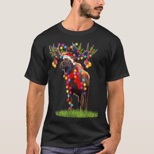 Funny Moose Santa Hat Reindeer Christmas Lights Xm T-Shirt (Front)