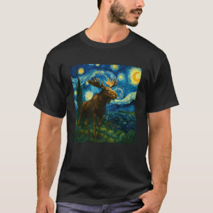 Funny Moose Starry Night Howling Moon Moose for Ki T-Shirt