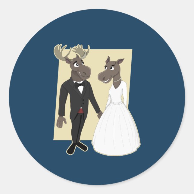 Funny Moose Wedding Cartoon Classic Round Sticker (Front)