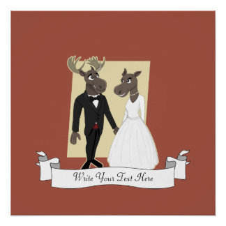 Funny Moose Wedding Cartoon Poster