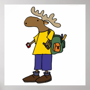 Funny Moose with Backpack Back to School Cartoon Poster