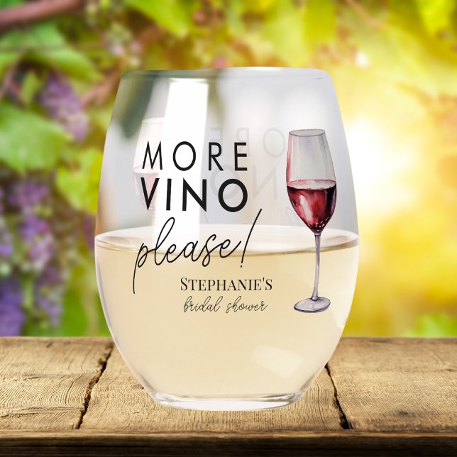 Funny More Vino Please Wine Themed Bridal Shower Stemless Wine Glass (Creator Uploaded)