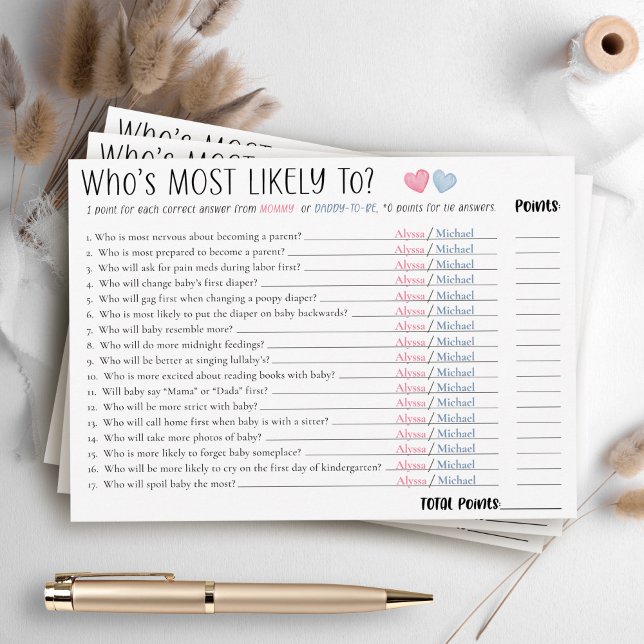Funny Most Likely To Couples Baby Shower Game Card (Funny cute Who's Most Likely To mommy-to-be and daddy personalized name fun couple shower game card)
