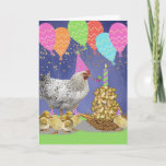 Funny Mother Clucking Birthday Hen and Chicks Card<br><div class="desc">Happy Mother Clucking Birthday, message written inside the card. Cover image of a birthday party hen with her chicks getting ready to feast on a coop cake of various seeds in a nest with a birthday candle on top. Party balloons and gold stars fill in the background. Art, image, and...</div>