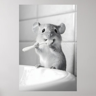 Funny Mouse Brushing Teeth Print Vintage Bathroom