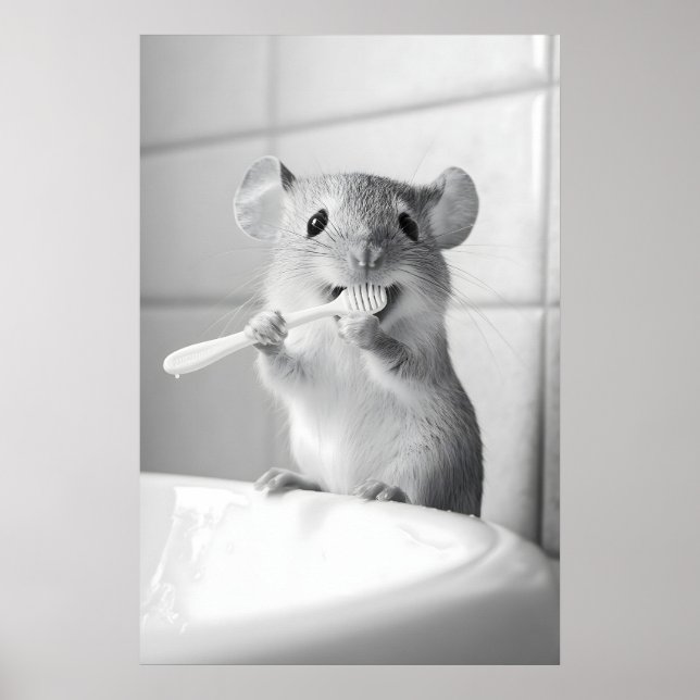 Funny Mouse Brushing Teeth Print Vintage Bathroom (Front)