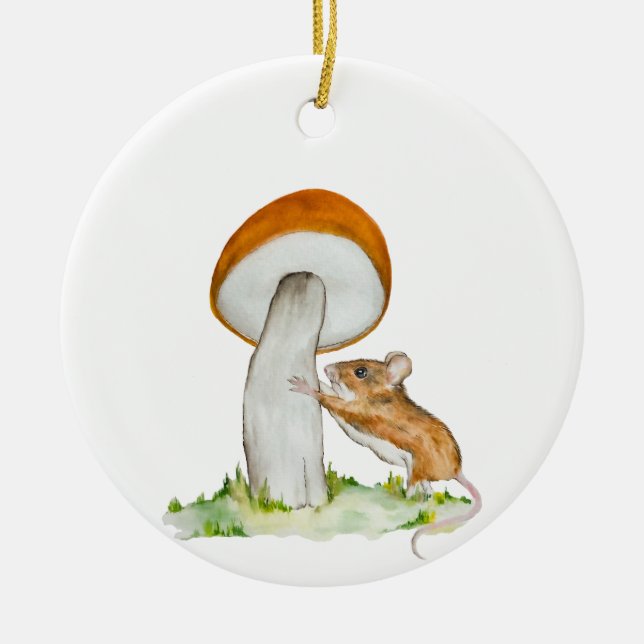 Funny mouse with wild mushroom ceramic tree decoration (Front)