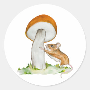 Funny mouse with wild mushroom classic round sticker