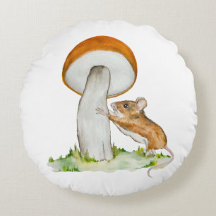 Funny mouse with wild mushroom round cushion