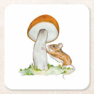 Funny mouse with wild mushroom square paper coaster