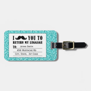 Funny Moustache Aqua Blue Glitter Luggage Tag