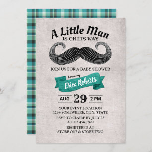 Funny Moustache Cute Little Man Teal Baby Shower Invitation