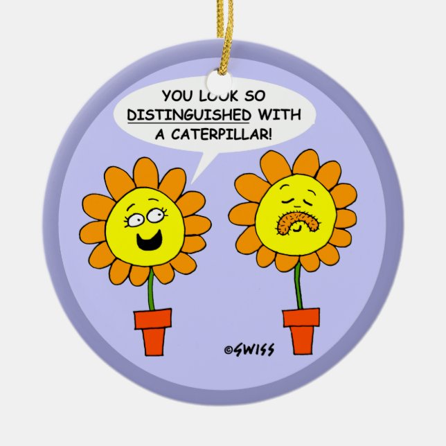 Funny Moustache Flower Cartoon Christmas Ceramic Tree Decoration (Front)