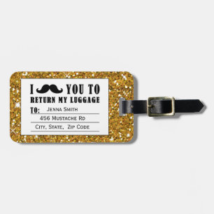 Funny Moustache Gold Glitter Luggage Tag