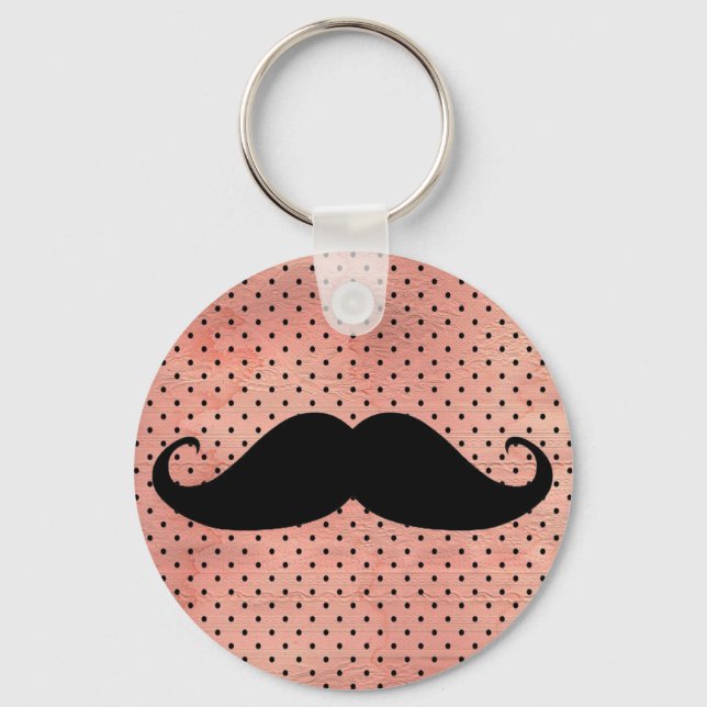 Funny Moustache On Cute Pink Polka Dot Background Key Ring (Front)