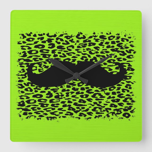 Funny Moustache on lime green background Square Wall Clock (Front)