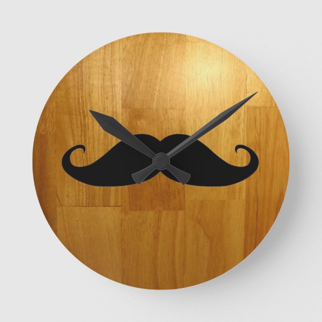 Funny Moustache on Shiny Wood Texture Background Round Clock (Front)