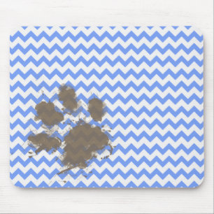 Funny Muddy Paw Print on Blue Chevron Mouse Pad