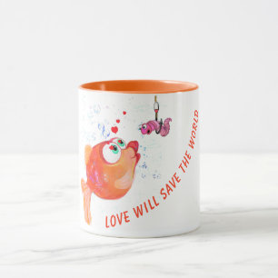 Funny Mug Happy Fish and Worm - Custom Text