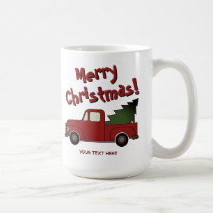 Funny mug with old red truck and Christmas tree