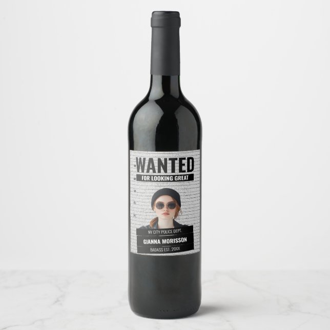 Funny Mugshot Wanted Poster Custom Name & Text  Wine Label (Front)