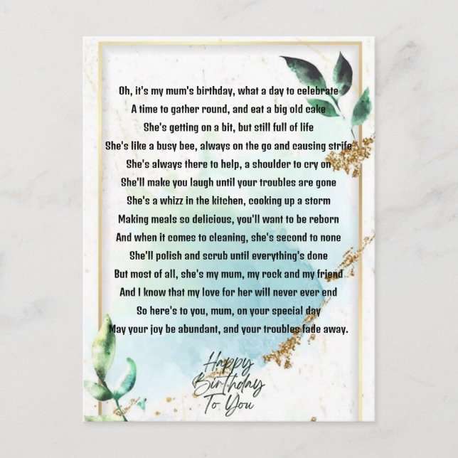 Funny Mum Birthday Poem Postcard (Front)