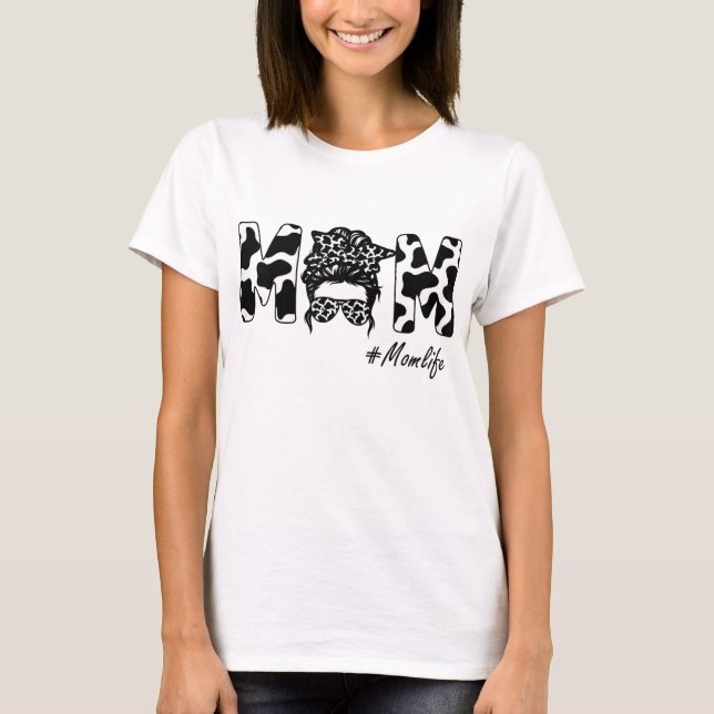 Funny Mum Life Cow Messy Bun Hair Bandanna Glasses T-Shirt (Front)