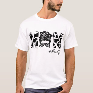 Funny Mum Life Cow Messy Bun Hair Bandanna Glasses T-Shirt
