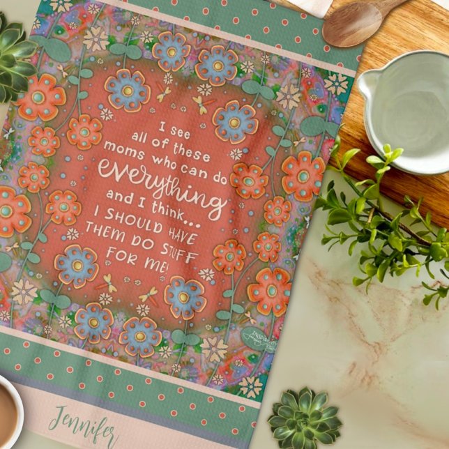 Funny Mum Quote Floral Dragonfly Orange Name Tea Towel (Creator Uploaded)