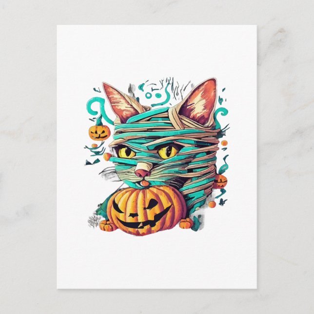Funny Mummy Cat Halloween Postcard (Front)