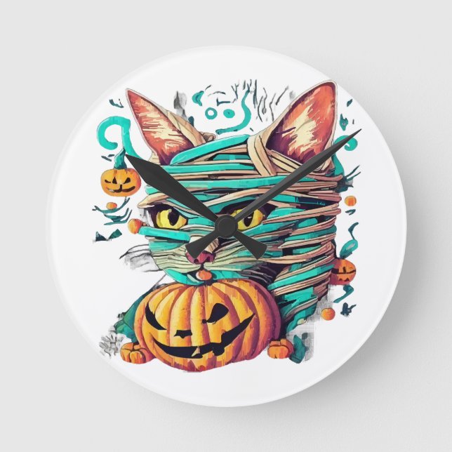 Funny Mummy Cat Halloween Round Clock (Front)