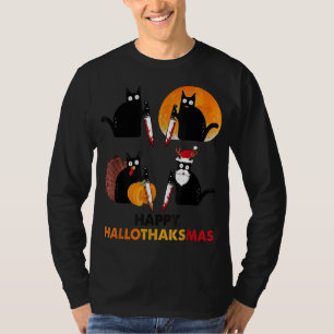 Funny Murderous Cat Turkey Hallo-thank-mas Thanksg T-Shirt