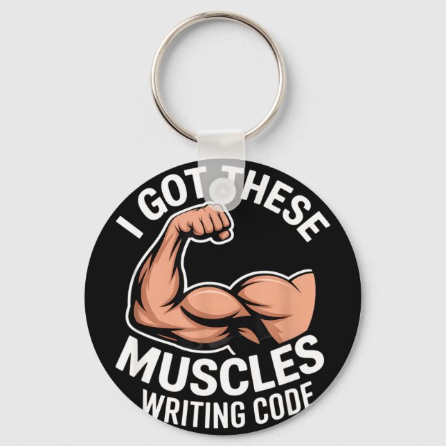 Funny muscles writing code saying programmer Funny Key Ring (Front)