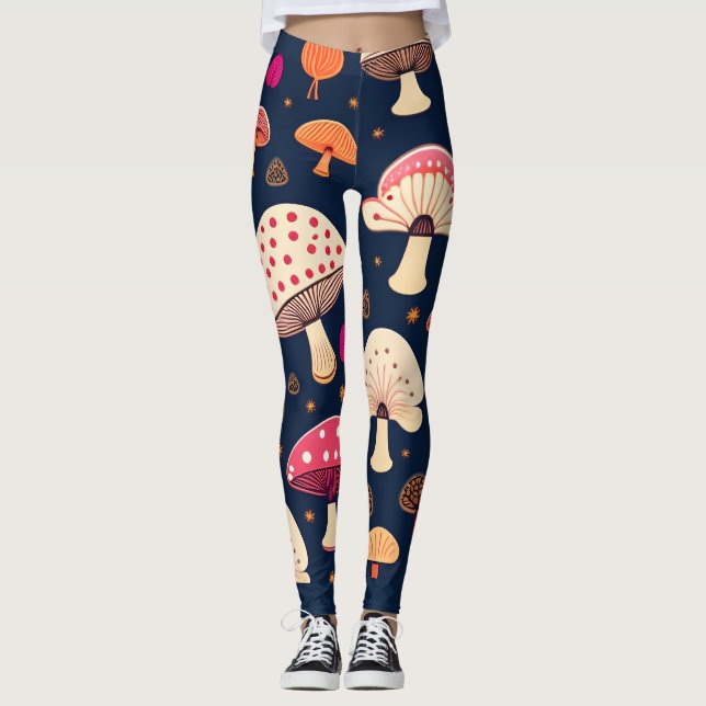 Funny mushroom Pink Blue Watercolor Pattern Leggings (Front)