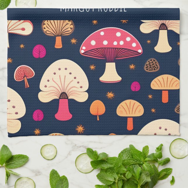 Funny mushroom Pink Blue Watercolor Pattern Tea Towel (Folded)